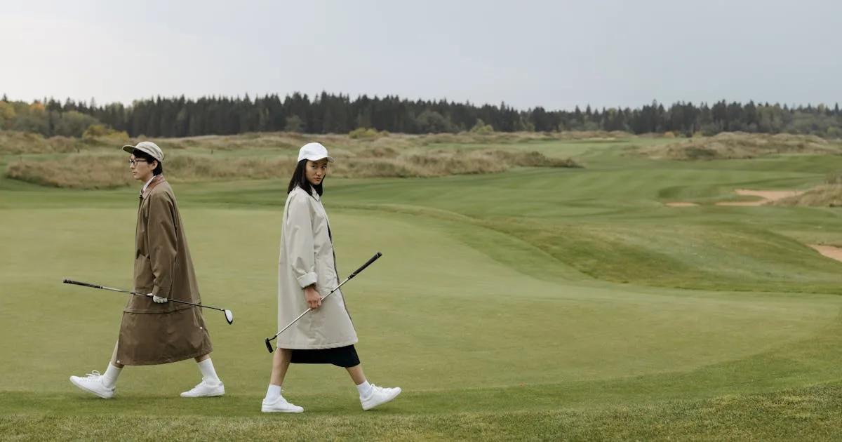 Two golfers walking across a lush, open golf course