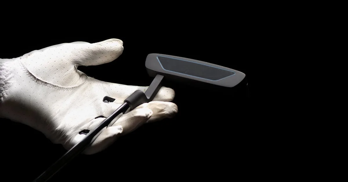 A close-up of a golf putter held by a gloved hand