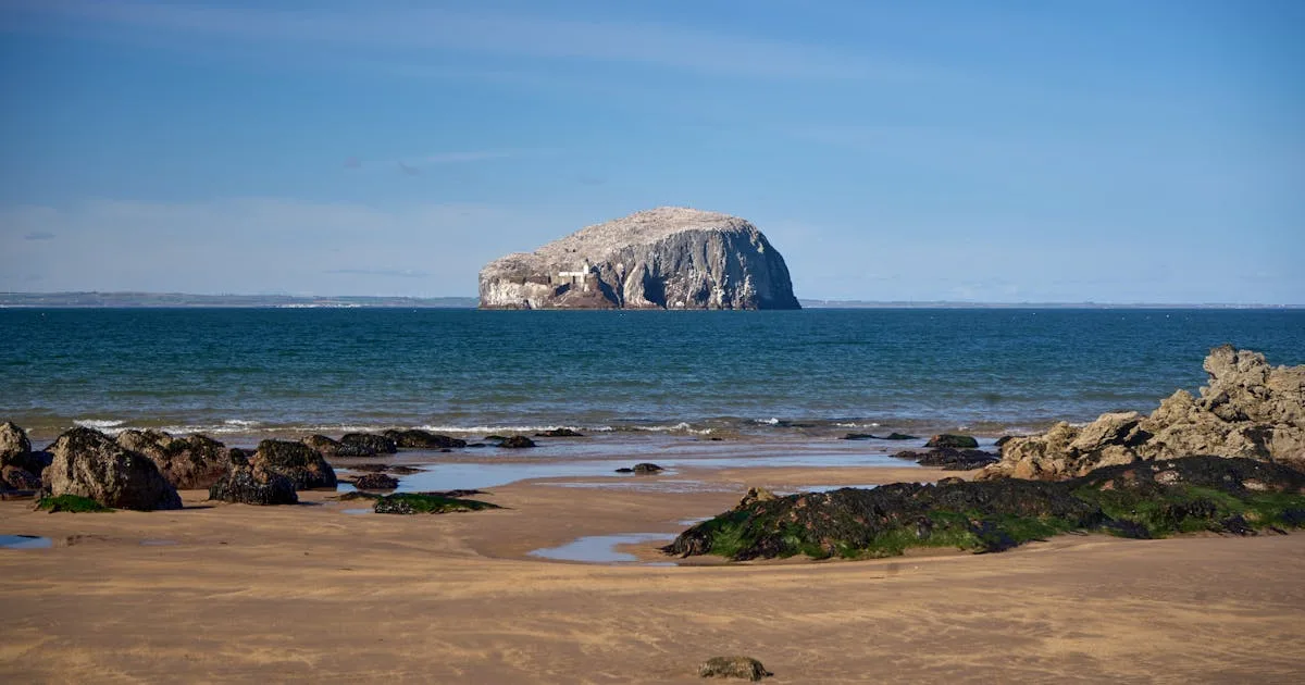 Bass Rock viewed from Seacliff Beach on the East Lothian coast, Scotland